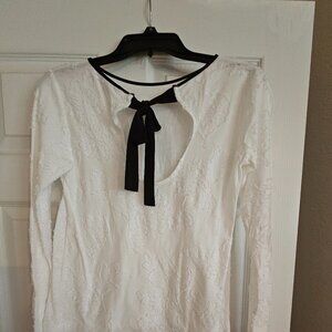 NEW Loft M Cream Ivory Textured Black Trim Tie Back Blouse Top
